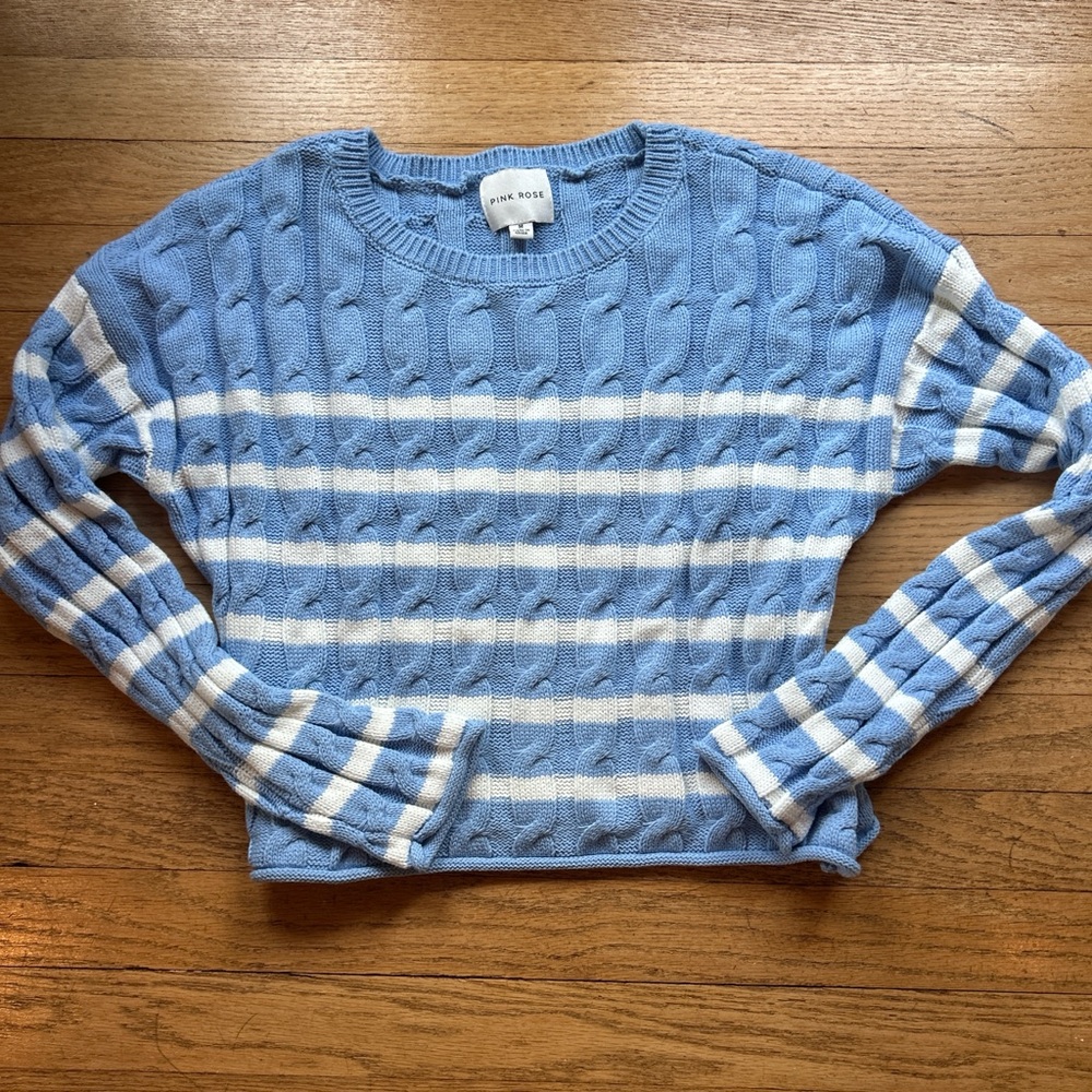 Pink Rose Blue and White Striped Cable-Knit Crewneck Sweater